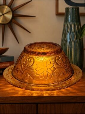 Vintage Indiana Glass Amber Dessert Bowl & Plate Fairy Lamp